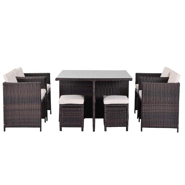 waelph Brown 9-Piece Rattan Wicker Patio Conversation Set with Beige Cushions