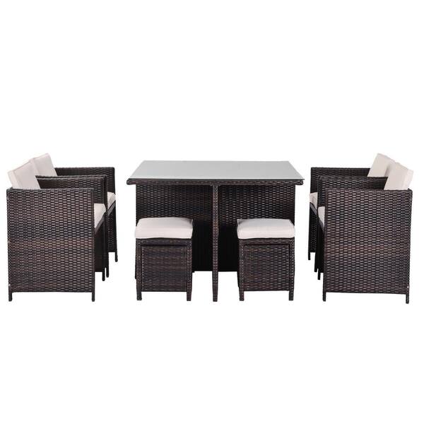 waelph 9-Piece Rattan Wicker Patio Conversation Set with Beige Cushions