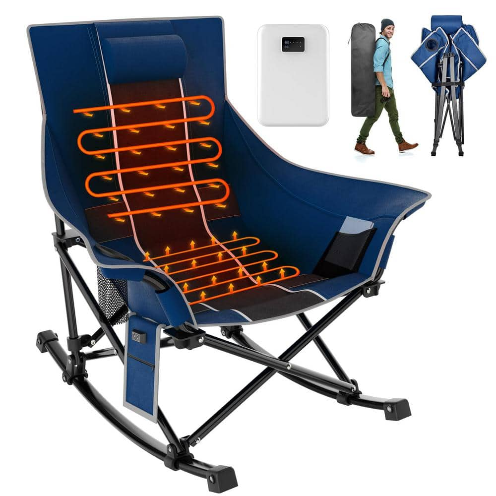 SEEUTEK Blue and Black Oversized Heated Rocking Camping Chair, Portable ...