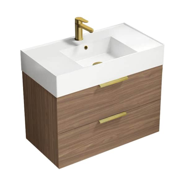 Nameeks Derin 31.89 in. W x 17.32 in. D x 25.2 in. H Modern Bathroom Vanity in Walnut With White Ceramic Top