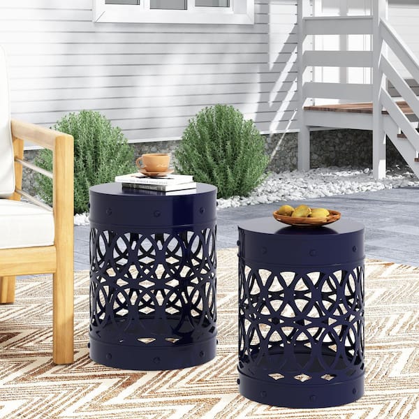 ECOCHIC SPACES INC Navy Blue Iron 18 in. & 16 in. Durable Outdoor Side Table with Elegant Openwork Pattern and Iron Cut Design (2-Pack)