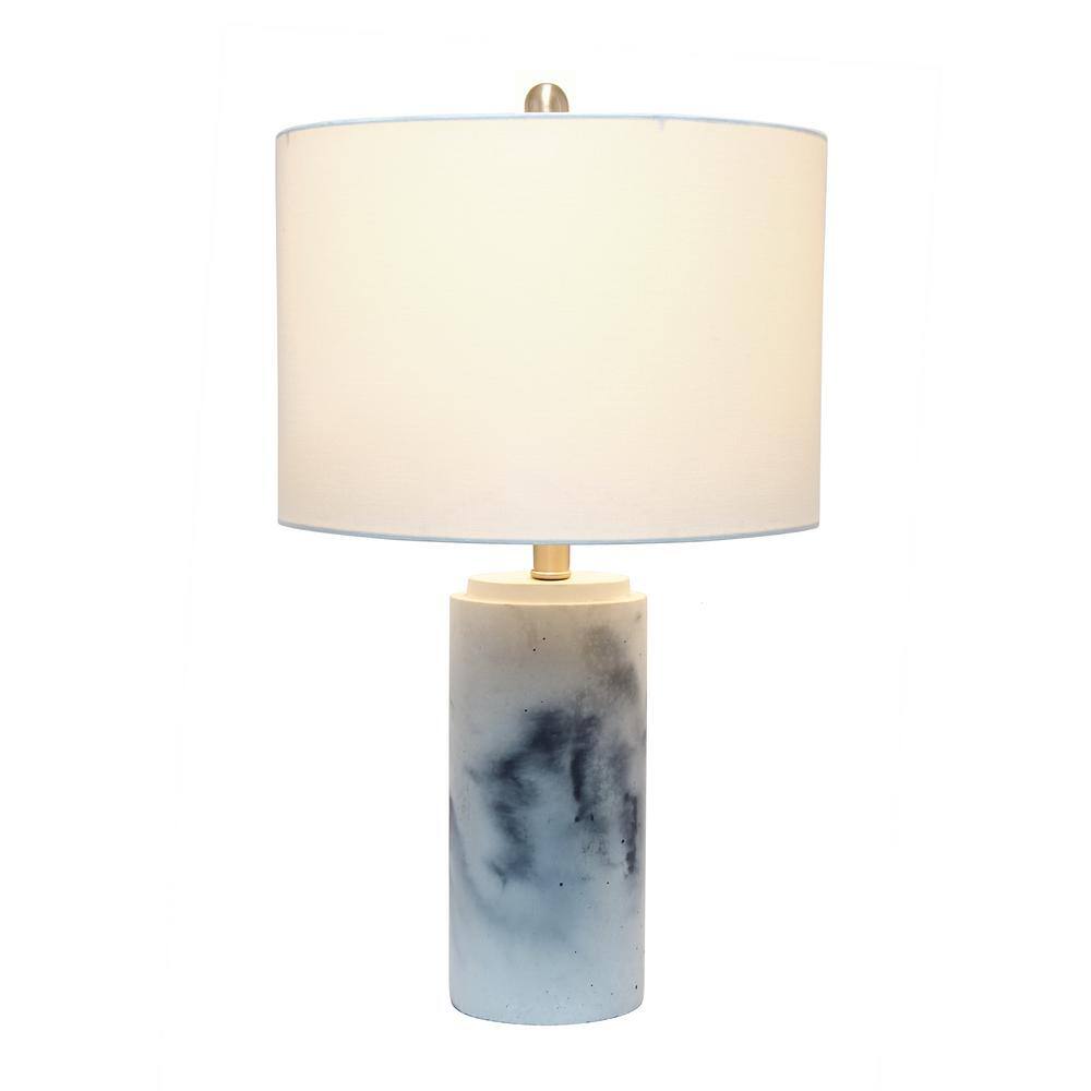 White Marbleized Cylinder Nightstand Lamp with Fabric Shade