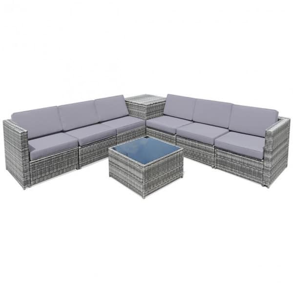 FORCLOVER 8-Piece Wicker Sofa Rattan Dinning Set Patio Furniture with Storage Table and Gray Cushions