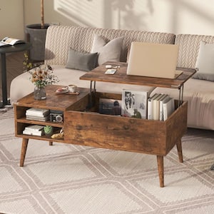 39 in. W Lift Top Rectangle Rustic Wood Coffee Table With Hidden Compartment and Storage Shelf