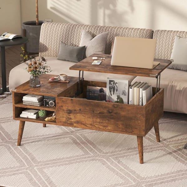 LACOO 39 in. W Lift Top Rectangle Rustic Wood Coffee Table With Hidden ...