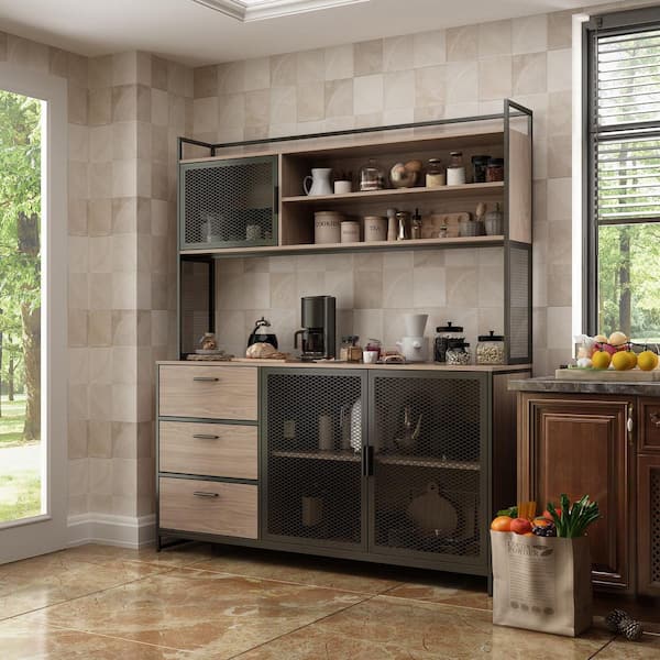 59 in. W Kitchen Light Brown Wood Buffet Sideboard Pantry Cabinet For Dining Room with Metal Mesh Doors, 3-Drawers