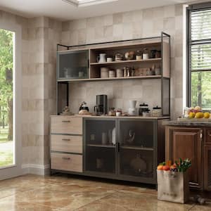 59 in. W Kitchen Light Brown Wood Buffet Sideboard Pantry Cabinet For Dining Room with Metal Mesh Doors, 3-Drawers