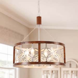 Bloomfield French Country Farmhouse 4-Light Chrome Wood Drum Rustic Chandelier