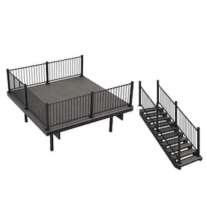 Apex 12 ft. x 12 ft. Alaskan Driftwood Dark Grey PVC Deck and 10 Step Stair Kit with Steel Framing and Aluminum Railing