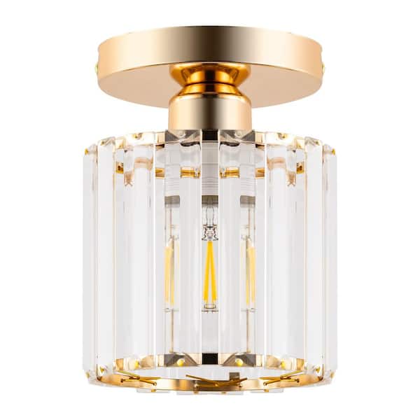 Briignite 4.8 in. 1-Light Modern Gold Semi-Flush Mount with Crystal Shade and Bulbs Not Included (1-Pack)