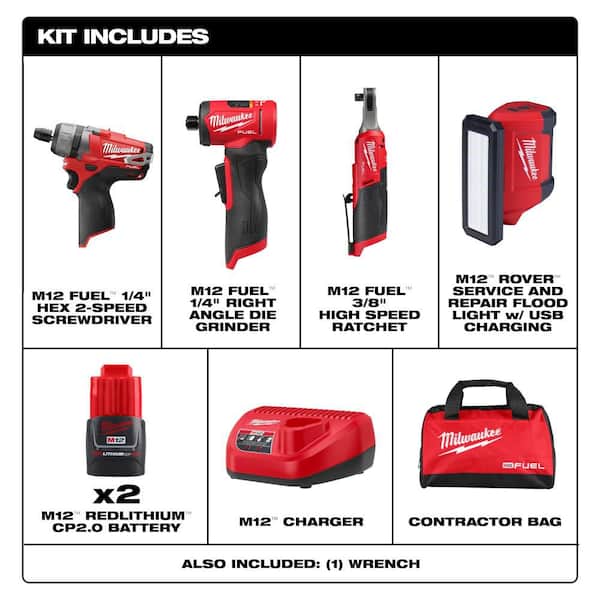 M12 12V Lithium-Ion Cordless Screwdriver, 3/8 in. High Speed Ratchet, Light, Right Angle Die Grinder Combo Kit (4-Tool)