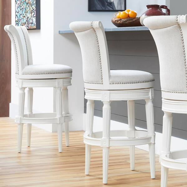 Chapman 31 in.. Farmhouse White High Back Wood Swivel Bar Stool with Upholstered Gray Seat, 1-Stool