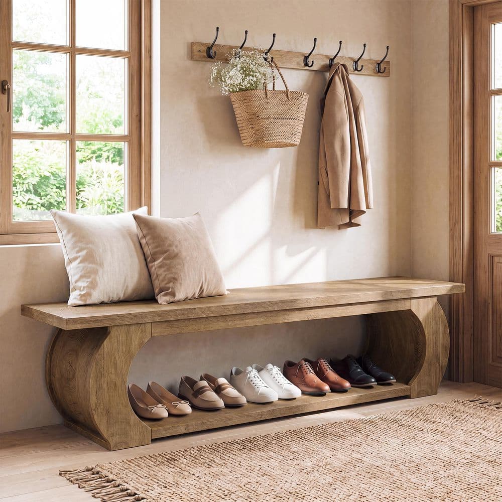 Brown 62.99 in. W Wood Eentryway Bench with Storage Shelf, Shoe Storage Bench