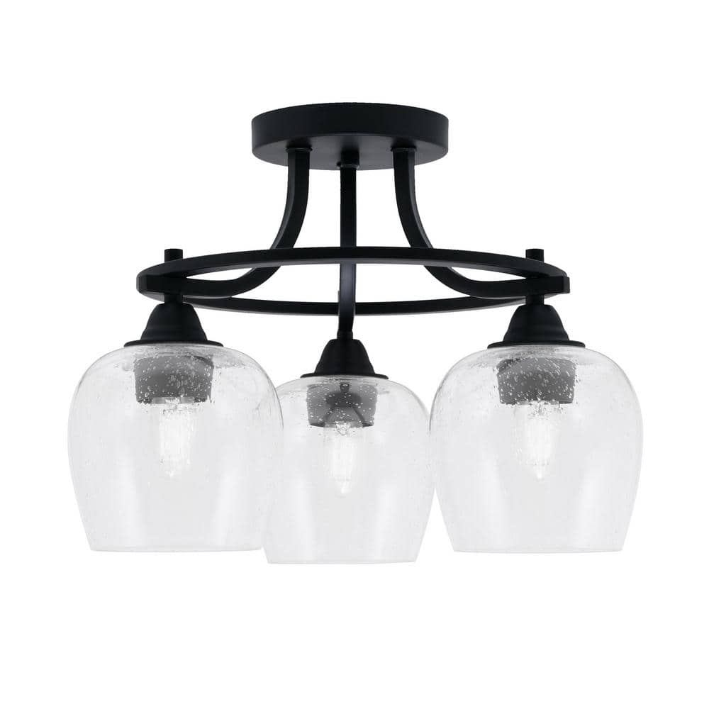Madison 15.5 in. 3-Light Matte Black Semi-Flush Mount with Clear Bubble Gla