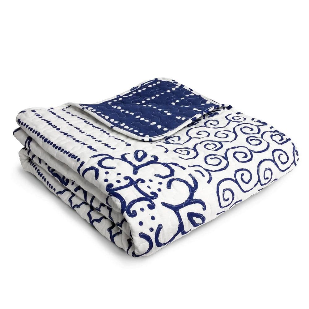 Monique Blue and White Cotton Reversible Throw Blanket