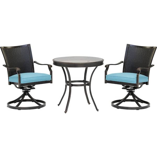 Hanover Traditions 3-Piece Wicker Outdoor Dining Set with Blue Cushions