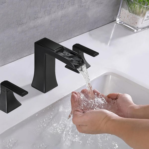 Maincraft 8 in. Widespread Double Handle Bathroom Faucet with Drain Kit Included in Matte Black