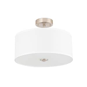 15 in. 2-Light White and Silver Modern Semi-Flush Mount Ceiling Light with Linen Lampshade and No Bulbs Included