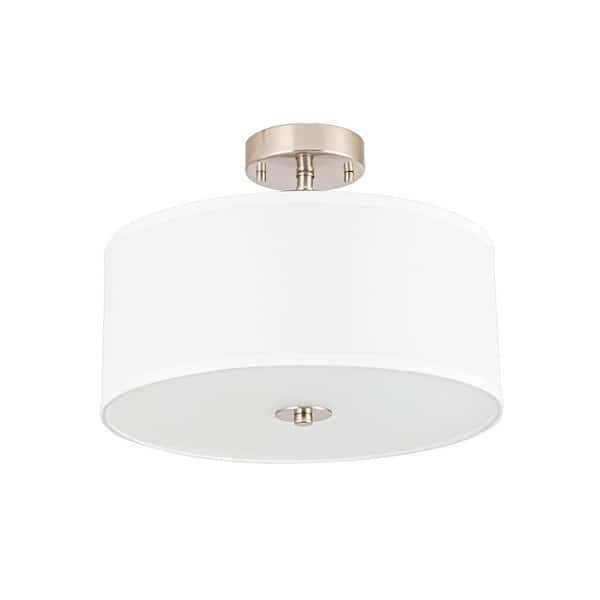 OUKANING 15 in. 2-Light White and Silver Modern Semi-Flush Mount Ceiling Light with Linen Lampshade and No Bulbs Included