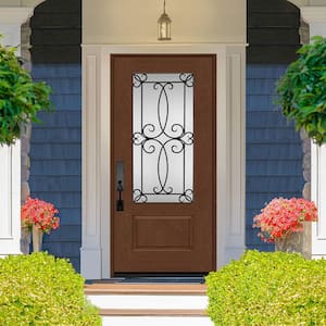 Regency 36 in. x 80 in. 3/4-Lite Georgian Decorative Glass RHIS Chestnut Mahogany Fiberglass Prehung Front Door