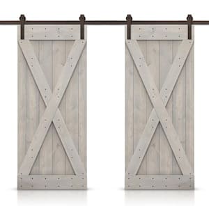X 56 in. x 84 in. Silver Gray Stained DIY Solid Pine Wood Interior Double Sliding Barn Door with Hardware Kit