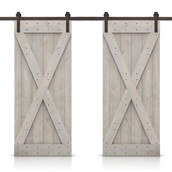 CALHOME X 56 in. x 84 in. Silver Gray Stained DIY Solid Pine Wood Interior Double Sliding Barn Door with Hardware Kit