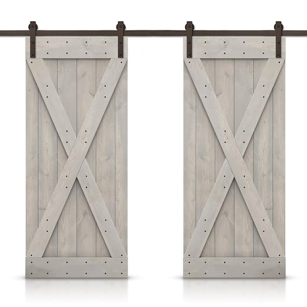 CALHOME X 96 in. x 84 in. Silver Gray Stained DIY Solid Pine Wood Interior Double Sliding Barn Door with Hardware Kit