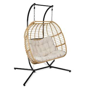 Double Seat Hanging Egg Chair with Cushion and Metal Stand