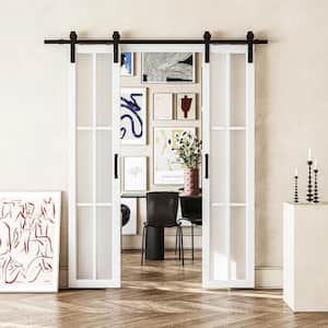 42 in. x 84 in. 6-Lites Tempered Frosted Glass and MDF Prefinished Double Sliding Barn Door Slab with Hardware Kit