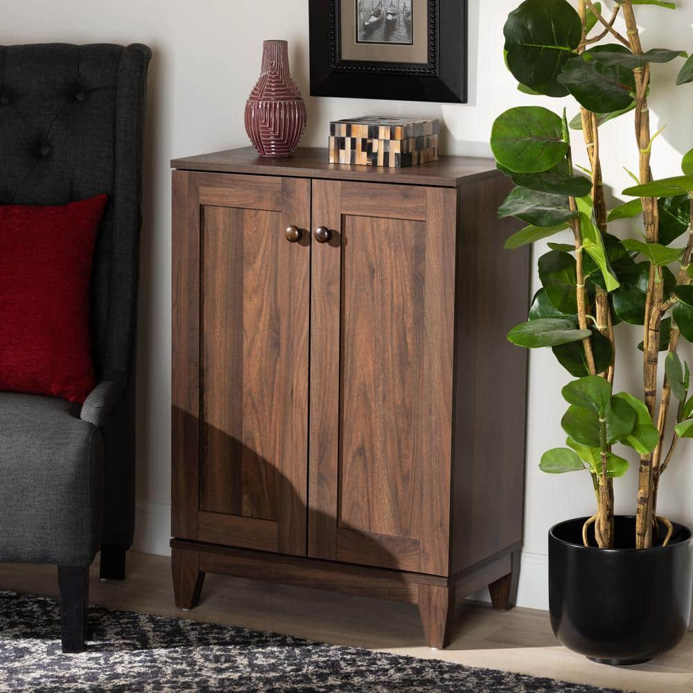 Walnut Brown Wood 2-Door Shoe Storage Cabinet