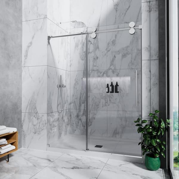 56 in.-60 in. W x 72 in. H Frameless Single Sliding Shower Door-5/16 in. Tempered Glass, Bypass Design with Chrome