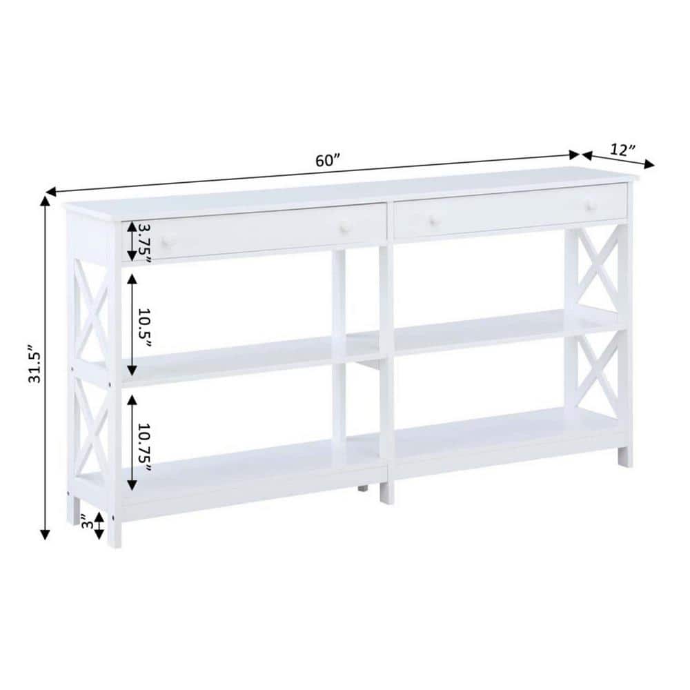 Oxford White 60" Console Table with Storage Shelves and Drawers