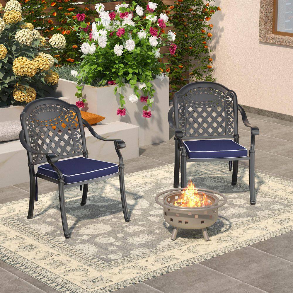 Matte Black Cast Aluminum Outdoor Dining Armchairs with Multicolor Cushions