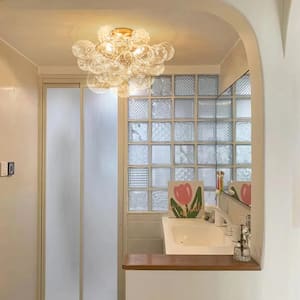 Neuvy 20.9 in. W 3-Light Brush Gold Semi-Flush Mount Brass Close to Ceiling Light with Cluster Ribbed Glass for Entry