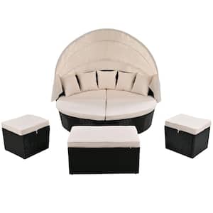 Black Wicker Outdoor Sectional Set with Washable Beige Cushions for Backyard and Porch
