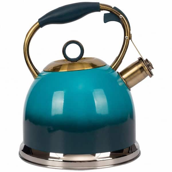 10-Cup Food Grade Stainless Steel Whistling Induction Stovetop Tea Kettle in Blue with 1-Hand Trigger Mechanism
