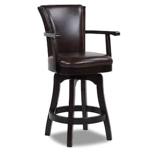 Williams 27 in. Brown Faux Leather Modern High Back Swivel Kitchen Counter Height Bar Stool with Armrests and Wood Frame