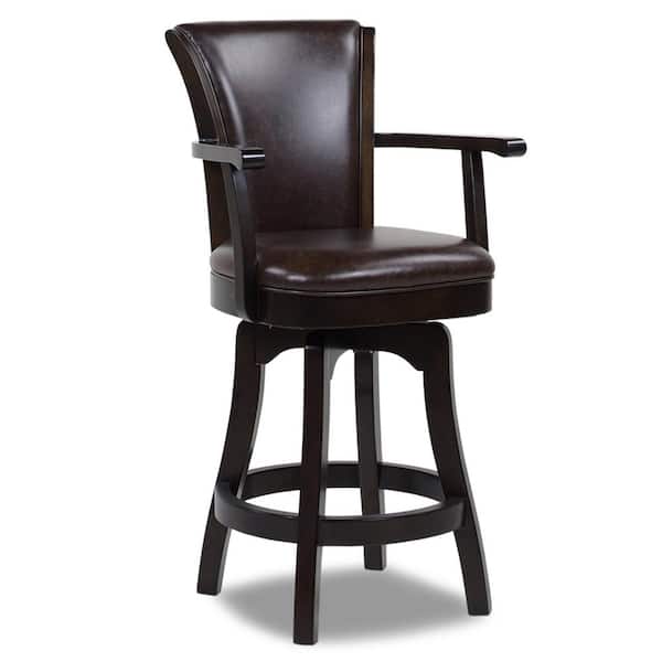 Jennifer Taylor Williams 27 in. Brown Faux Leather Modern High Back Swivel Kitchen Counter Height Bar Stool with Armrests and Wood Frame