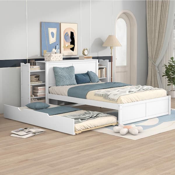 Harper & Bright Designs White Wood Frame Full Size Platform Bed with Pull Out Shelves and Twin Size Trundle