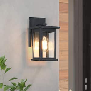 1-Light Modern Black Hardwired Outdoor Wall Lantern Sconce with Clear Glass Panels