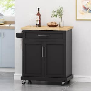 Compact Black Wood Tabletop 32 in. Kitchen Island with Doors and Drawer