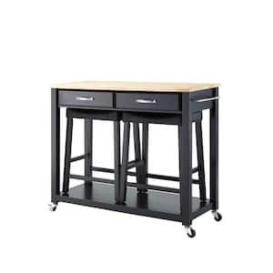 Black Kitchen Cart with Natural Top and Stools