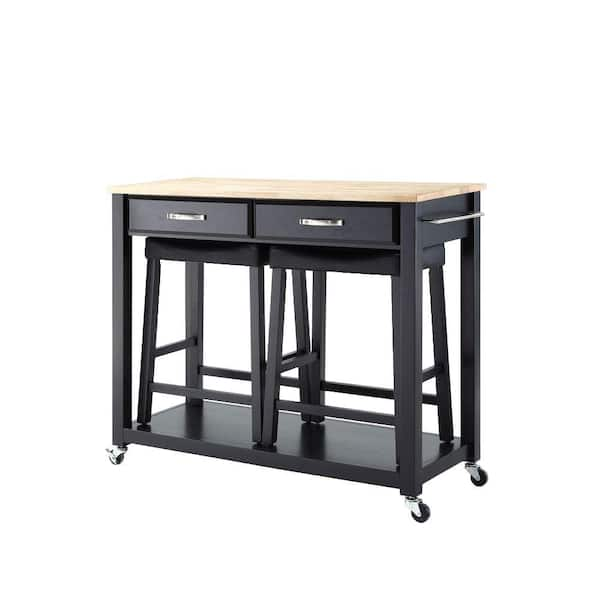 CROSLEY FURNITURE Black Kitchen Cart with Natural Top and Stools