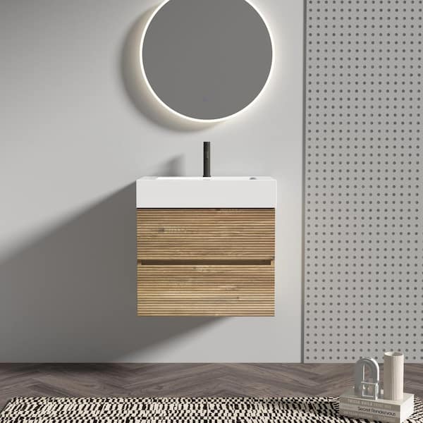 24 in. Single Sink Floating Oak Bath Vanity with White Solid Surface Top, Soft Drawers