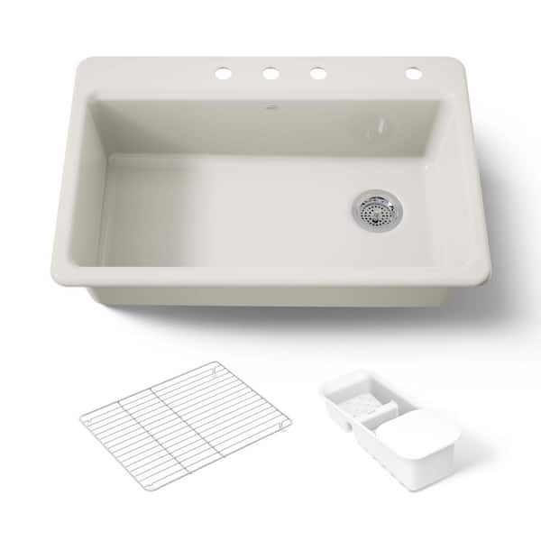 Riverby Drop-In Cast Iron 33 in. 4-Hole Single Bowl Kitchen Sink Kit with Accessories in Biscuit