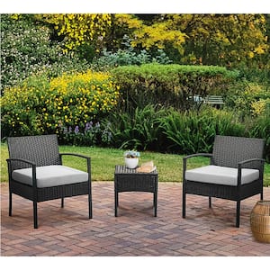 3-Pieces Wicker Patio Conversation Set 2-People Rattan Sofa Seating and Coffee Table Group Outdoor Set with Tan Cushions