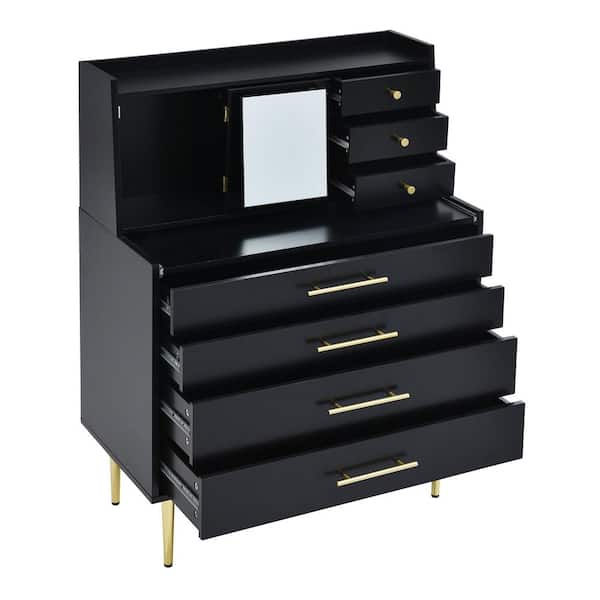 Spaco 1-Piece Black Makeup Vanity with Mirror and Retractable Table