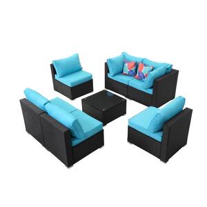 7-Piece Outdoor Black PE Rattan Wicker Sofa Set Patio Conversation Set with Removable Blue Cushions and Coffee Table