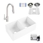 Bradstreet II 33 in. Farmhouse Double Bowl Crisp White Fireclay Kitchen Sink with Stellen (Stainless) Faucet Kit