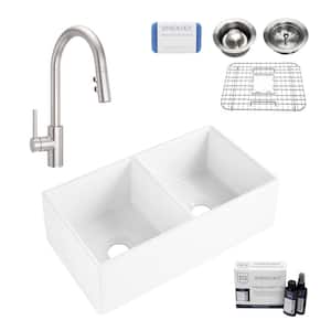 Bradstreet II 33 in Farmhouse Apron Front Undermount Double Bowl Crisp White Fireclay Kitchen Sink with Stainless Faucet